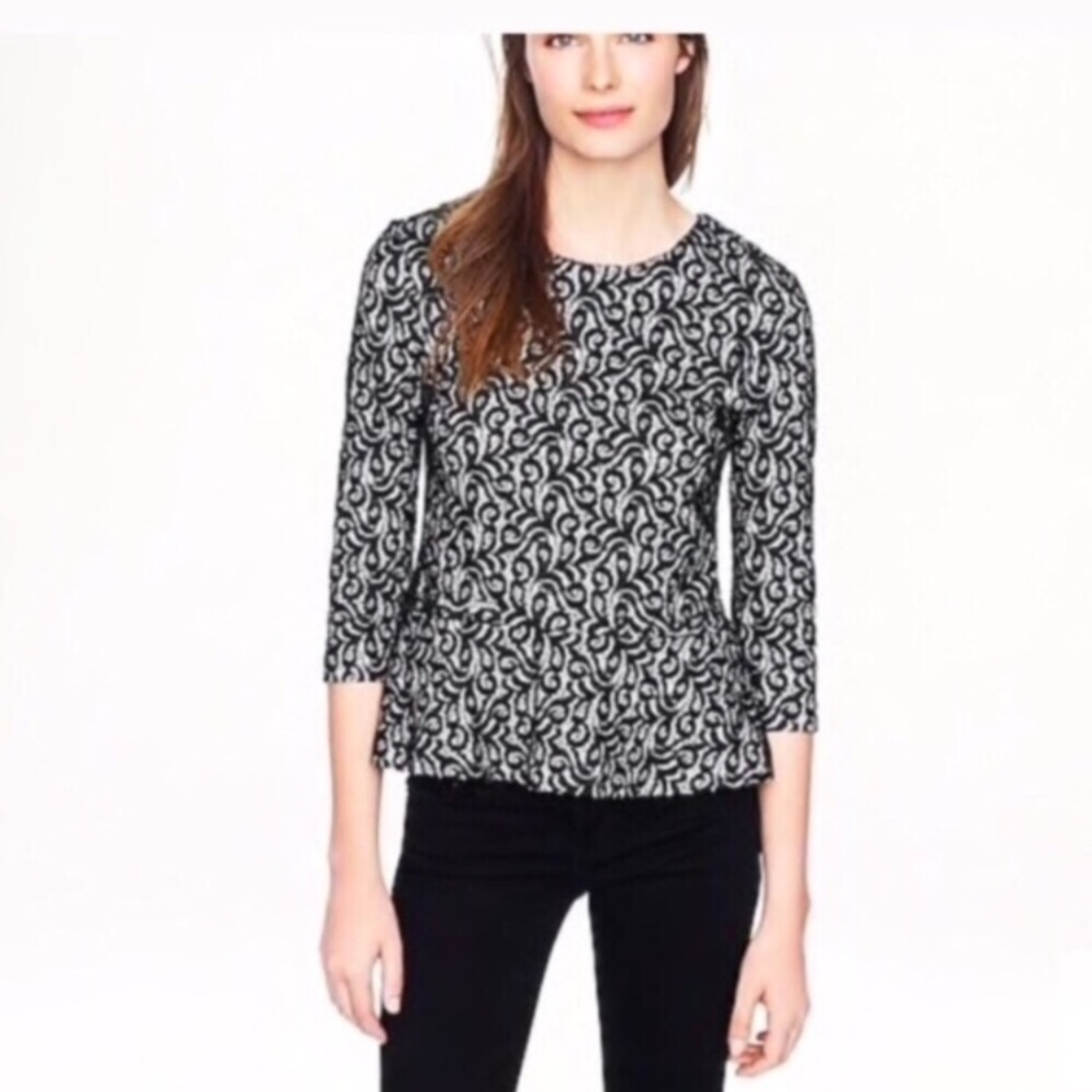 J. Crew Black and White Printed Peplum Top